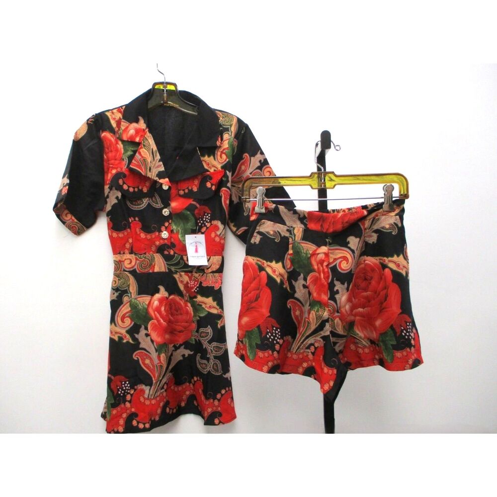 NWT DAMP EP USA BOUTIQUE Black Red Floral Button Dress and Shorts Women's Size S
